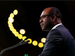 Alberta's Minister of Municipal Affairs Kaycee Madu speaks at the Alberta Urban Municipalities Association convention at the Edmonton Convention Centre on Thursday, Sept. 26, 2019. Photo by Ian Kucerak/Postmedia