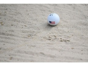 A US glf ball sits on the 16th on the second day of The Solheim Cup golf tournament at the Gleneagles Hotel in Gleneagles, Scotland, on September 14, 2019.