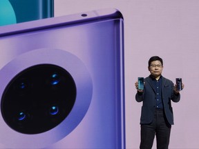 Richard Yu (Yu Chengdong), head of Huawei's consumer business Group, speaks on stage during a presentation to reveal Huawei's latest smartphones "Mate 30" and "Mate 30 Pro" in Munich, southern Germany, on Sept. 19, 2019.