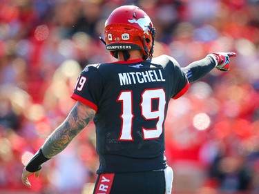 Calgary Stampeders quarterback Bo Levi Mitchell against the Edmonton Eskimos during CFL football in Calgary on Monday, September 2, 2019. Al Charest/Postmedia