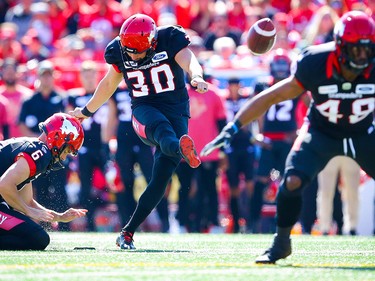 Calgary Stampeders kicker Rene Paredes with field goal against the Edmonton Eskimos in Calgary on Monday, September 2, 2019. Al Charest/Postmedia