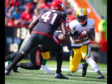 Edmonton Eskimos C. J. Gable runs the ball against the Stampeders in Calgary on Monday, September 2, 2019. Al Charest/Postmedia