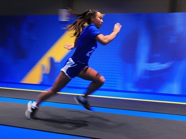 Ontario athlete Mikaela Mendoza does a six second sprint test during the RBC Training Ground National Finals at the Genesis Centre in Calgary on Saturday September 14, 2019.