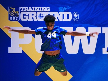 Quebec athlete Jordy Cruff Fredlene Cear does a standing jump power test during the RBC Training Ground National Finals at the Genesis Centre in Calgary on Saturday September 14, 2019.