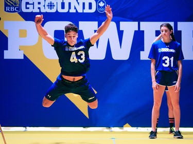 Calgary athlete Josip Brusic does a standing jump power test during the RBC Training Ground National Finals at the Genesis Centre in Calgary on Saturday September 14, 2019.