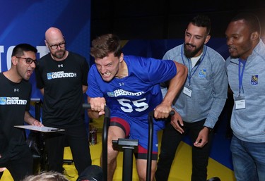 Josh Chiarot from Ontario is encouraged as he does a leg and arm test during the RBC Training Ground National Finals at the Genesis Centre in Calgary on Saturday September 14, 2019.