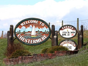 A sign welcoming visitors to the City of Chestermere town hall is pictured on westbound Highway 1 on Wednesday, May 8, 2019. The city is about 20 km east of Calgary and has a population of about 20,000.
