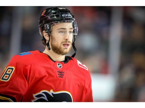 Calgary Flames Andrew Mangiapane during the pre-game skate before facing the Vegas Golden Knights in NHL hockey at the Scotiabank Saddledome in Calgary on Sunday, March 10, 2019. Al Charest/Postmedia