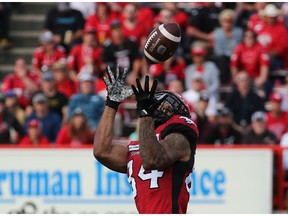 Calgary Stampeders receiver Reggie Begelton catches one of two touchdowns passes he had during the second half against the Montreal Alouettes during CFL action in Calgary on Saturday August 17, 2019. The Alouettes won 40-34. Gavin Young/Postmedia