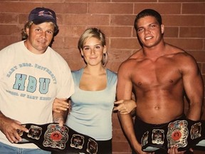 Bruce Hart (one of Stu Hart’s children) along with myself (Nattie Neidhart) and TJ Wilson, as we broke into Stampede Wrestling together in Calgary. (Supplied Photo)