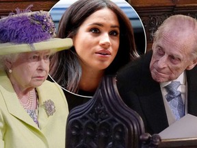 Queen Elizabeth, Megan Markle and Prince Philip. (Getty Images)