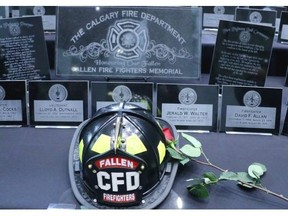 A memorial at City Hall for fallen Calgary firefighters.