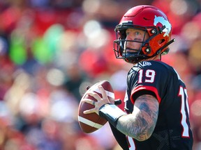 Calgary Stampeders quarterback Bo Levi Mitchell in action against  the Edmonton Eskimos on Sept. 2, 2019.