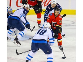 Calgary Flames Dillon Dube against the Winnipeg Jets  during pre-season NHL hockey in Calgary on Tuesday September 24, 2019. Al Charest / Postmedia