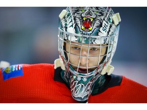 Calgary Flames goalie Dustin Wolf prepares for the Battle of Alberta prospects game in Calgary at Scotiabank Saddledome against the Edmonton Oilers on Tuesday night. Photo by Al Charest/Postmedia.