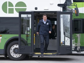 Conservative Leader Andrew Scheer steps off a public transit bus in Mississauga , Ont., Friday, Sept. 13, 2019.
