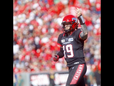 Calgary Stampeders, Bo Levi Mitchell after 2 point convert against the Edminton Eskimos in first half action in the Labour Day classic at McMahon stadium in Calgary on Monday, September 2, 2019. Darren Makowichuk/Postmedia