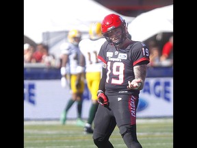 Calgary Stampeders quarterback Bo Levi Mitchell celebrates a TD pass against the Edmonton Eskimos in second half action in the Labour Day classic at McMahon stadium in Calgary on Monday, September 2, 2019. Darren Makowichuk/Postmedia