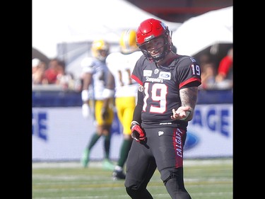 Calgary Stampeders quarterback Bo Levi Mitchell celebrates a TD pass against the Edminton Eskimos in second half action in the Labour Day classic at McMahon stadium in Calgary on Monday, September 2, 2019. Darren Makowichuk/Postmedia