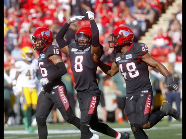 Calgary Stampeders DaShaun Amos celebrates stopping the Edmonton Eskimos in second half action in the Labour Day classic at McMahon stadium in Calgary on Monday, September 2, 2019. Darren Makowichuk/Postmedia