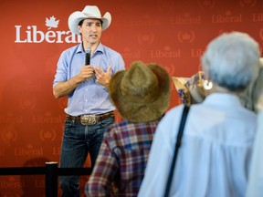 Prime Minister Justin Trudeau talks to the crowd at a Liberal Party event at The Edison building in downtown Calgary on Saturday, July 13, 2019.