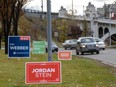 Pictured are Calgary Confederation candidates' signs on Memorial Drive on Monday, Oct. 14, 2019.