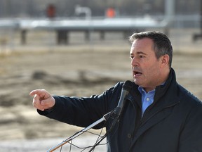 Premier Jason Kenney speaks at the celebration of turn on the taps to a new 20-inch,130 kilometre long Alberta natural gas pipeline, delivering gas to two of the province's largest power plants, at the TransAlta Keephills Generating facility 75 km west of Edmonton, October 18, 2019. Ed Kaiser/Postmedia