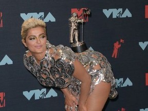 Bebe Rexha poses in the press room at the 2019 MTV Video Music Awards at Prudential Center.