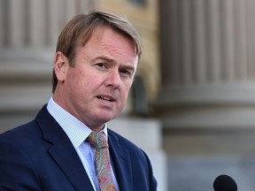 Health Minister Tyler Shandro speaks on the recent federal cuts to health care for members of the Canadian Armed Forces, at the Alberta Legislature in Edmonton, October 9, 2019.