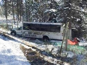 A Banff tour bus hit the ditch east of Mount Norquay.