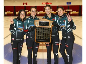 Team Einarson from Manitoba, L-R, Kerri Einarson, Val Sweeting, Shannon Birchard and Briane Meilleur celebrate winning the Autumn Gold Curling Classic at the Calgary Curling Club for the second straight year in Calgary on Monday, October 14, 2019. Darren Makowichuk/Postmedia