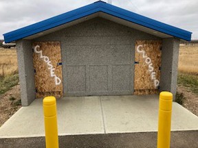 Rest-area washrooms that have been boarded up near Vilna, Alta. The village is about 150 km northeast of Edmonton.