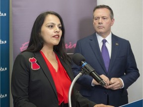 Community and Social Services Minister Rajan Sawhney, left, and Premier Jason Kenney announce the introduction of a bill to help save the lives of people at risk of domestic violence on Wednesday, Oct. 16, 2019.