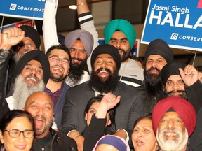 Conservative Candidate for Calgary Forest Lawn Jasraj Singh Hallan is surrounded by supporters at his election party after winning his riding in Forest Lawn. Monday, October 21, 2019.