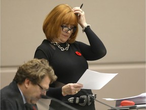 City council called an emergency meeting over last weeks Provincial budget at City Hall in Calgary on Monday, October 28, 2019. Darren Makowichuk/Postmedia
Coun.  Gian-Carlo Carra (left) and Coun. Diane Colley-Urquhart