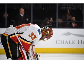 Goalie David Rittich and the Calgary Flames are looking to change their luck at T-Mobile Arena in Las Vegas. File photo by Getty Images.