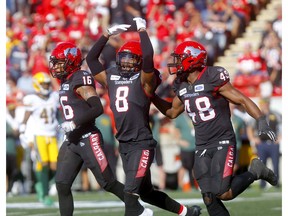 Calgary Stampeders DaShaun Amos celebrates stopping the Edmonton Eskimos in second half action in the Labour Day classic at McMahon stadium in Calgary on Monday, September 2, 2019. Darren Makowichuk/Postmedia