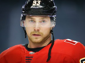 Calgary Flames Sam Bennett during warm-up before facing the Vancouver Canucks during pre-season NHL hockey in Calgary on Monday September 16, 2019. Al Charest / Postmedia