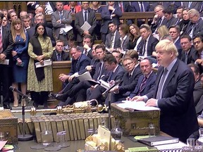 Britain's Prime Minister Boris Johnson speaks at the House of Commons as parliament discusses Brexit, sitting on a Saturday for the first time since the 1982 Falklands War, in London, Britain, October 19, 2019, in this screen grab taken from video.