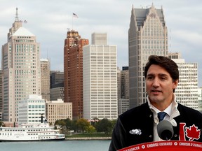 Liberal Leader Justin Trudeau delivers a speech with Detroit as a backdrop during a campaign stop in Windsor, Ont., on Monday, Oct. 14, 2019.
