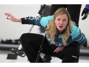 Chelsea Carey of Team Carey calls out during the Autumn Gold Curling Classic at the Calgary Curling Club. Saturday, October 12, 2019. Brendan Miller/Postmedia