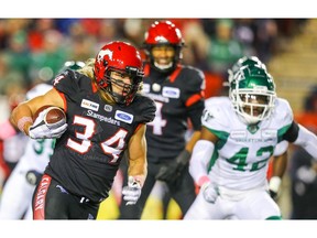 Calgary Stampeders  running back Ante Milanovic-Litre runs the ball against the Saskatchewan Roughriders during CFL football in Calgary on Friday, October 11, 2019. Al Charest/Postmedia