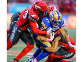 Winnipeg Blue Bombers Nic Demski makes a catch against the Calgary Stampeders during CFL football in Calgary on Saturday, October 19, 2019. Al Charest/Postmedia