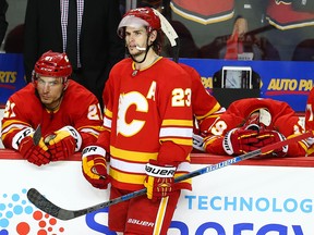 Calgary Flames Sean Monahan reacts after a goal was disallowed against the Colorado Avalanche in Game 2 of the first round of the 2019 playoffs at the Scotiabank Saddledome on April 19, 2019.
