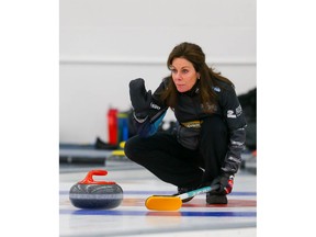 Calgary's Cheryl Bernard steps in to skip Team Scheidegger during the 2019 Autumn Gold Curling Classic this weekend at the Calgary Curling Club. Photo by Al Charest/Postmedia.