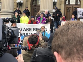 Climate activist Greta Thunberg speaks at the legislature in Edmonton on Friday.