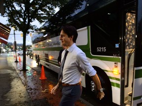 Liberal leader Justin Trudeau makes an early morning campaign stop at a riding office in West Vancouver, B.C., on Sunday Oct. 20, 2019.