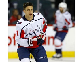 Washington Capitals  winger Garnet Hathaway during warm up before taking on the Calgary Flames in Calgary on Tuesday, October 22, 2019. Darren Makowichuk/Postmedia