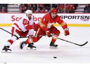 Oct 17, 2019; Calgary, Alberta, CAN; Calgary Flames defenseman Rasmus Andersson (4) chases after the puck with Detroit Red Wings defenseman Filip Hronek (17) during the third period at Scotiabank Saddledome. Flames won 5-1. Mandatory Credit: Candice Ward-USA TODAY Sports ORG XMIT: USATSI-405096