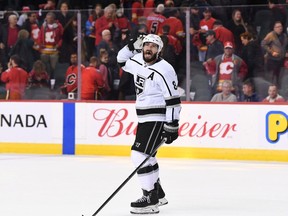 Oct 8, 2019; Calgary, Alberta, CAN; Los Angeles Kings defenseman Drew Doughty (8) celebrates his overtime goal against the Calgary Flames at Scotiabank Saddledome. Kings won 4-3. Mandatory Credit: Candice Ward-USA TODAY Sports ORG XMIT: USATSI-405035